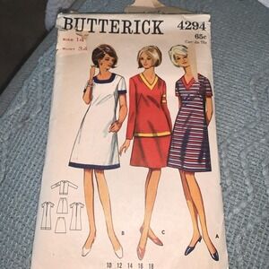 1960s Butterick 4294 Vintage Sewing Pattern Mod Dress Sz 14 Bust 34 Cut